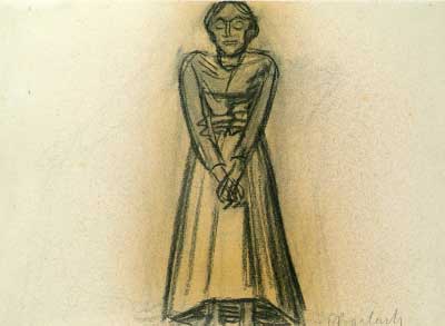 ERNST BARLACH, Stehende m gefalteten Händen, 1915, 25,2 x 34,9 cm, Kohlezeichnung auf starkem Zeichenpapier, signiert