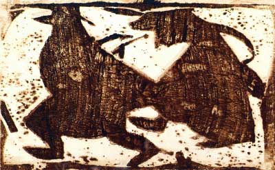 CHRISTIAN ROHLFS, Spaziergänger (Paar), 1921, 14,5 x 23,7 cm, Holzschnitt in rötlich-braun, Handreiberdruck, vom Künstler auf Untersatz signiert, Vogt 124, Utermann 180